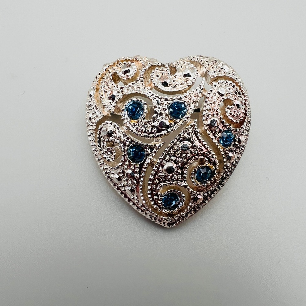 Vintage Filigree Heart Brooch Blue Rhinestone Accent Textured Silver Tone Pin